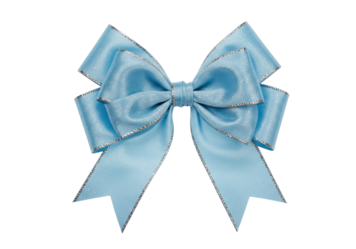 Light blue satin bow isolated PNG, elegant ribbon with silver trim on transparent background for gift wrapping and decoration