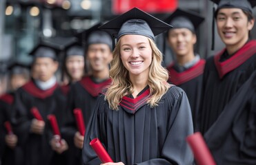 Obraz premium Young Woman Smiles During Graduation Ceremony at University Auditorium Filled With Students