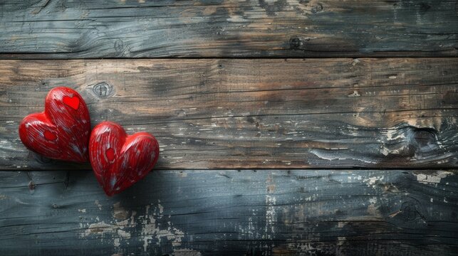 Two red wooden hearts rest on rustic wooden planks