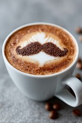 Coffee with a decorative mustache design served in a white cup on a gray surface with coffee beans nearby