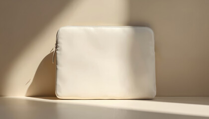 White laptop sleeve on beige background with soft natural light and shadow. Premium bag with zip closure on simple studio surface. Modern minimalist design for tech accessory.