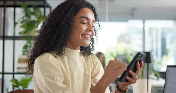 Cellphone, happy and businesswoman in office with scrolling for communication, contact or networking. Technology, reading and magazine editor with reviews online on phone for publishing project.