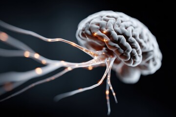 Brain with glowing roots extending into darkness, representing neural connections and cognitive processes in a creative design