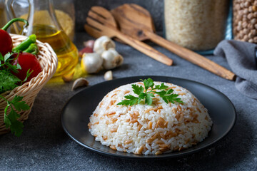 Traditional delicious Turkish food; Turkish style rice pilaf (Turkish name; Arpa sehriyeli pirinc...