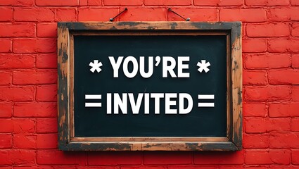 Obraz premium You are invited announcement on a chalkboard hanging on brick wall