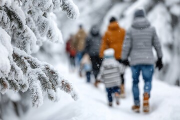 Families enjoying a snowy winter walk in a forest during snowfall with children exploring nature
