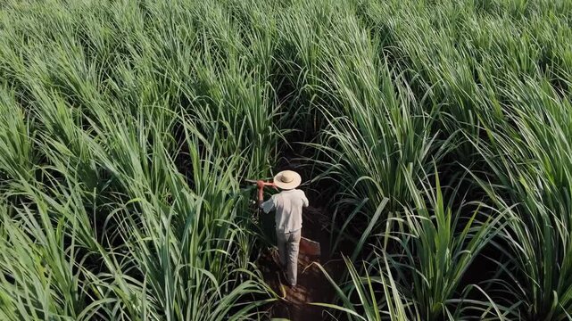 Experienced farmer in straw hat inspecting sugarcane rows, carefully walking through sunlit green plantation, checking crop growth and plant health conditions
