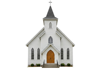 Classic white church building isolated on transparent background, traditional architecture with steeple and cross for religious themes