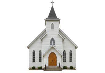 Classic white church building isolated on transparent background, traditional architecture with steeple and cross for religious themes