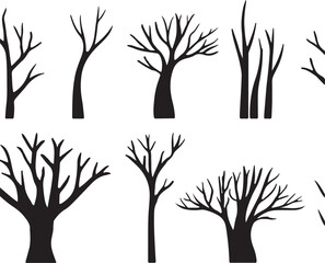 Collection of silhouetted bare winter trees against a white background