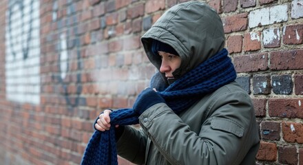 Woman in winter coat adjusting scarf beside urban brick wall