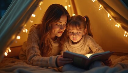 Woman and little girl sit in tent reading book together. They wear beige sweaters and look happy. Yellow lights shine around them. Mother and daughter read story in cozy tent.