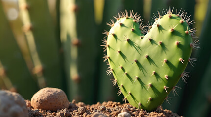 Prickly pear cactus shaped like heart. Green succulent plant with spines. Desert flora detail shot in natural sunlight. Concept of love and nature. Botanical image.