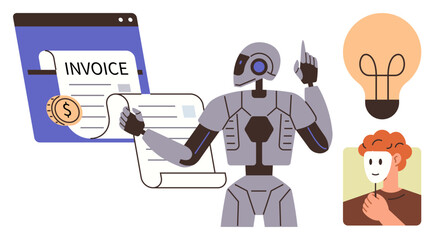 Fototapeta premium Robot interacting with invoice, currency, light bulb as idea representation, human wearing a mask. Ideal for automation, innovation, AI, identity, finance technology business simple flat metaphor