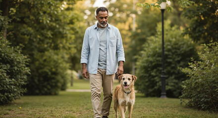 Mature man walking his dog in a park during daytime  