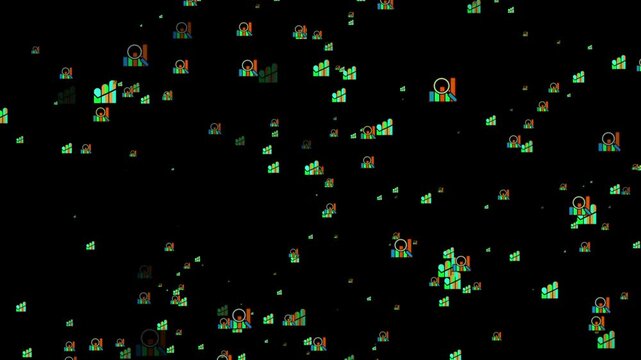 Colorful Abstract Data Chart Icons on Black Background. Premium business icon with particles 4k animation.	