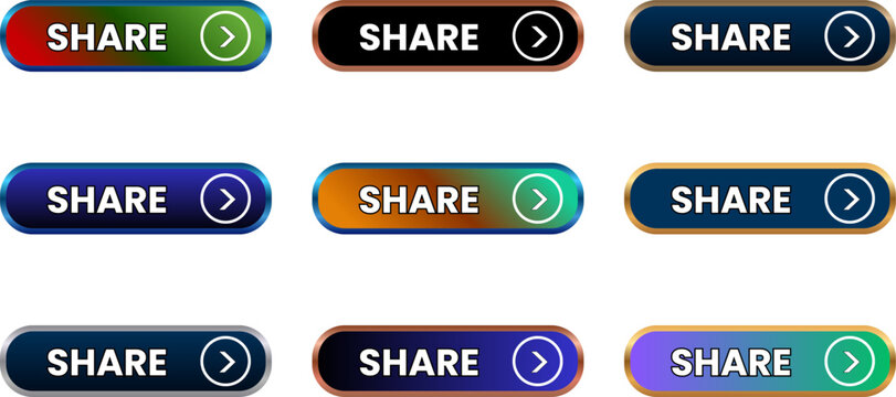 Call To Action Buttons Share Buttons Collection Dynamic Web Sharing Elements Engaging Social Icons Colorful Gradient Buttons for Content Distribution.