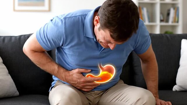 Man with heartburn and stomach pain with a glowing acid reflux animation. Digestive health and medical concept.