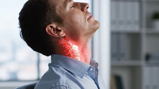 Man with neck pain from poor posture with a cervical spine animation. Medical and ergonomic concept.
