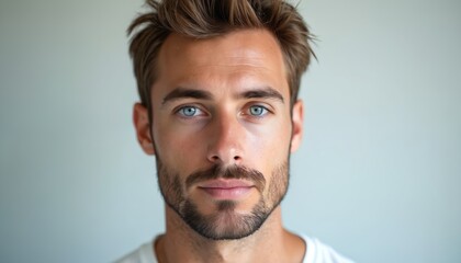 Obraz premium Young man with blue eyes and light beard looks forward. He has neat hair and clean skin. Person appears friendly and healthy. Headshot in studio with plain background.
