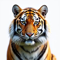 Fototapeta premium Close view of bengal tiger head on white. Wild predator has orange and black stripes. Mammal watches forward. Hunter looks dangerous animal big cat at zoo.