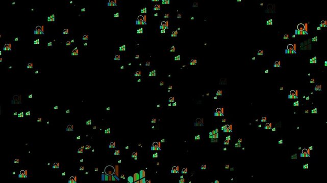 Dynamic Data Icons with Glitch Effect on Dark Background. Premium business icon with particles 4k animation.	