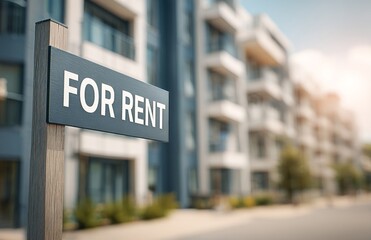 Obraz premium Modern Apartment Complex With for Rent Sign in Bright Daylight Showcases Available Living Spaces
