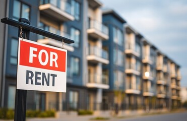 Modern Apartment Complex With for Rent Sign in Bright Daylight Showcases Available Living Spaces