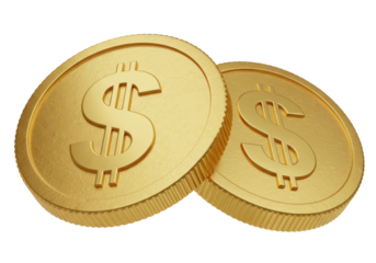 Two golden dollar coins isolated PNG on transparent background, currency and finance concept for business and investment