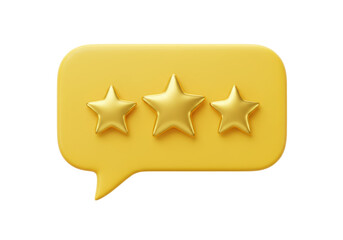 Three golden stars in yellow speech bubble isolated PNG, customer feedback and rating concept on transparent background
