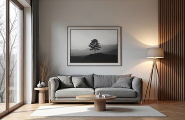 Modern lounge interior with grey sofa set. Room has wooden floor lamp and wall. Large picture hangs above couch. Cozy home design style, bright space, house decoration.
