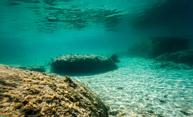 Paysage sous-marin, rochers, sable blanc, eau turquoise et surface visible par en-dessous