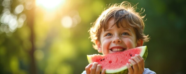 Cheerful young boy enjoys eating large slice of watermelon in bright summer sunlight. Happy child smiles broadly, truly relishing sweet juicy red fruit outdoors. Kid fantastic fun during warm