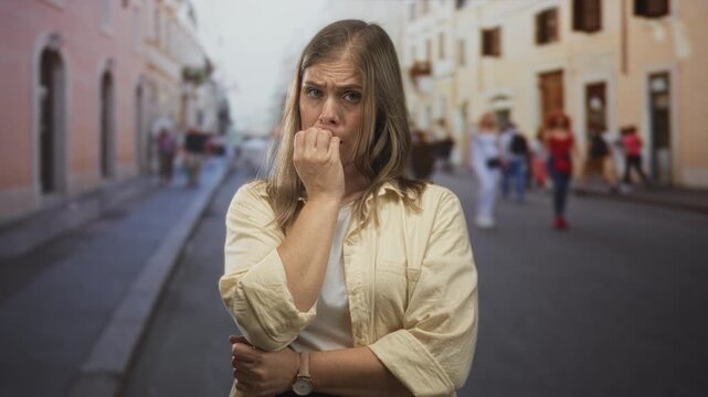 Blonde woman wearing a beige shirt biting her finger on a pedestrian street in front of historic buildings; anxiety.