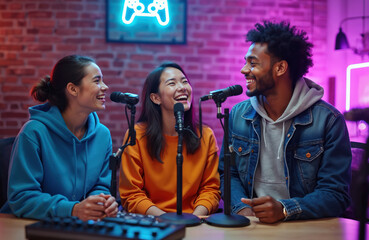 Diverse young friends record podcast in vibrant studio. Laugh, talk into microphones, broadcasting engaging online show. Group streams digital content, enjoying lively conversation with modern tech