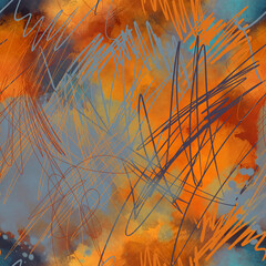 Abstract chaotic scribble art seamless pattern. Hand drawn expressive line design with watercolor texture and mixed media layers. Dynamic background for textile, fabric, wrapping paper, fashion prints