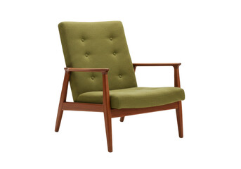 Mid-century modern green armchair isolated PNG, vintage furniture with wooden frame on transparent...