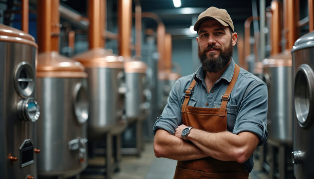 Craftsman at distillery factory. Man wearing apron and cap crosses arms standing near tanks and pipes. Brewer looks at camera in beer production manufacture processing industrial plant.
