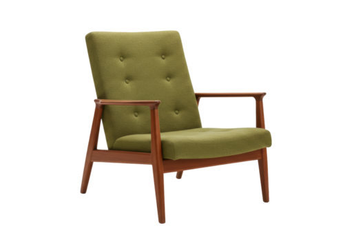 Mid-century modern green armchair isolated PNG, vintage furniture with wooden frame on transparent background for interior design projects