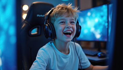 Smiling teen plays video game online. Young boy wears headphones. Gamer sits in gaming chair at home, enjoys cybersport competition on modern computer with blue light.