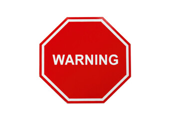 Red warning sign isolated PNG, octagon shape with white border and text for danger alert and safety message on transparent background