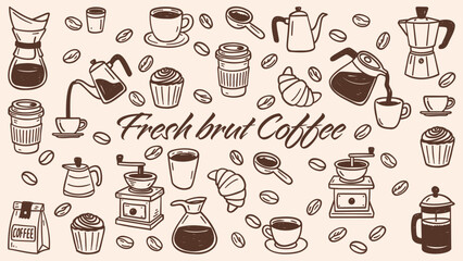 Handgezeichnete Kaffeeillustration als Vektor mit Tasse und Bohnen
