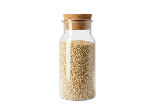 Amaranth seeds in glass jar isolated PNG, healthy gluten-free grain on transparent background, superfood for diet and nutrition