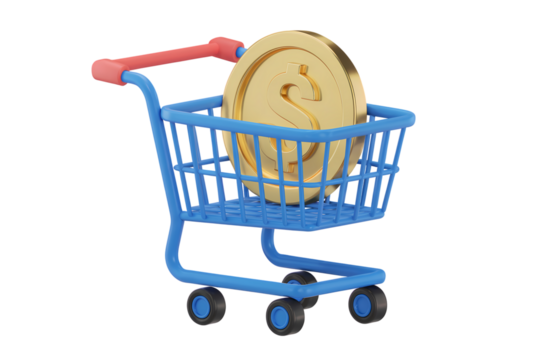3d illustration icon of shopping cart with big gold coin representing online purchase . Isolated on transparent background, png