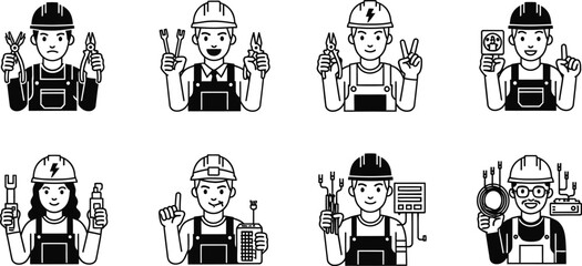 Collection of diverse electricians and workers in hard hats holding tools and equipment for electrical work