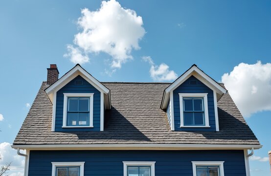 Blue residential house with white trim and a dark shingle roof. Home facade has two dormer windows and a brick chimney. Classic building exterior on a sunny day with blue sky and clouds.