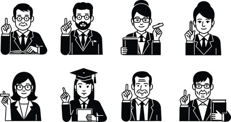 Collection of diverse professional icons representing educators lawyers and intellectuals with gestures of knowledge and ideas
