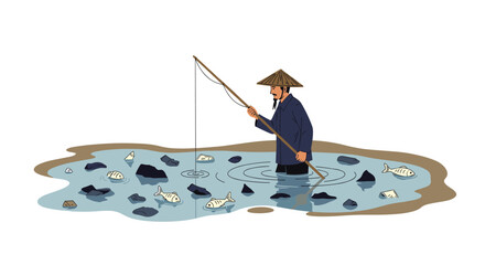 Peaceful afternoon fishing with traditional bamboo pole in shallow pond, enjoying simple pleasures and connection with nature, promoting calmness and relaxation