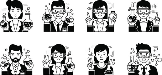 Collection of diverse scientists and researchers holding beakers and flasks in a laboratory setting