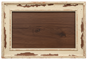 Distressed wooden picture frame PNG isolated on transparent background, vintage style photo border with peeling paint for rustic design